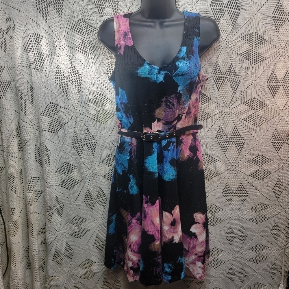 Jennifer Lopez Black Floral Sleeveless Belted Fit & Flare Dress Sz small